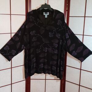 Maggie Barnes Sheer Black Purple Fan/Berries Print Blouse